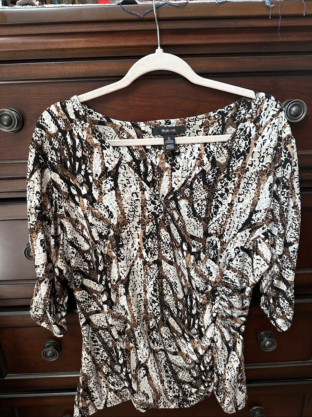 Style & Co. Brown and Cream Animal-Print Blouse